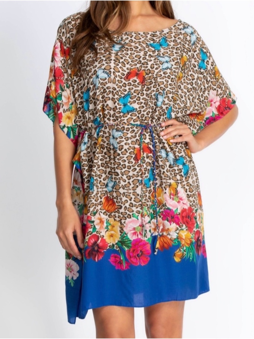NWT Johnny Was Belted Floral & Cheetah-Print Coverup